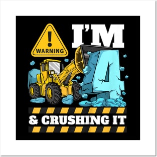 Kids Construction Truck 4th Birthday Shirt Boy 4 Bulldozer Digger Posters and Art